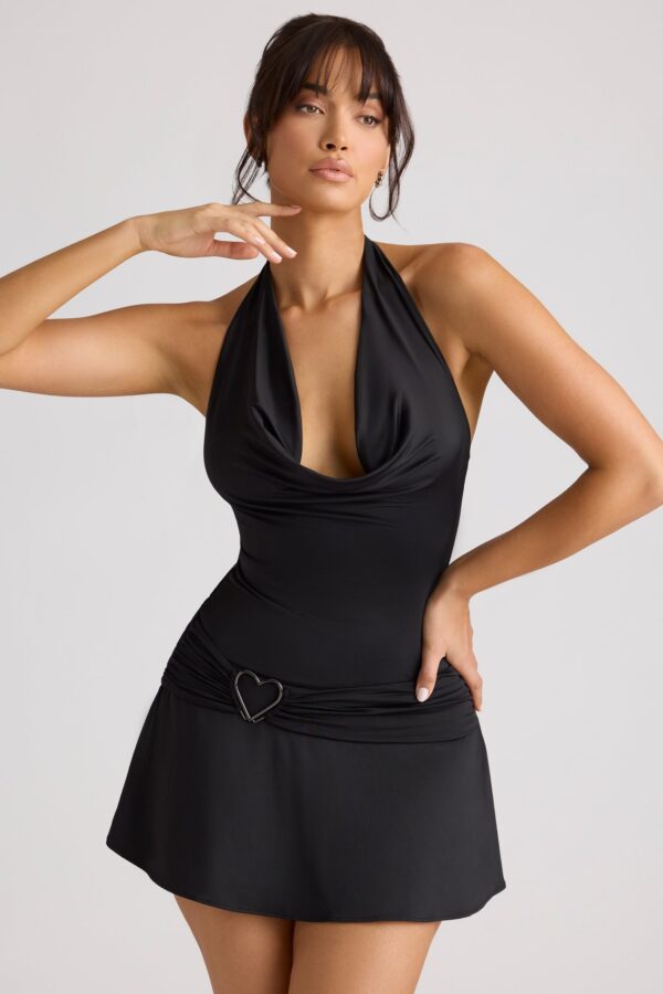 Heart Detail Cowl Neck Mini Dress in Black - Image 5