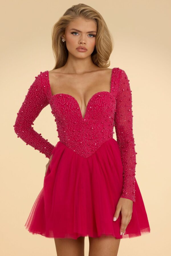 Plunge Neck Tulle Mini Dress in Hot Pink - Image 4