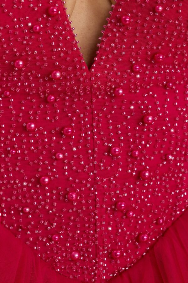 Plunge Neck Tulle Mini Dress in Hot Pink - Image 3