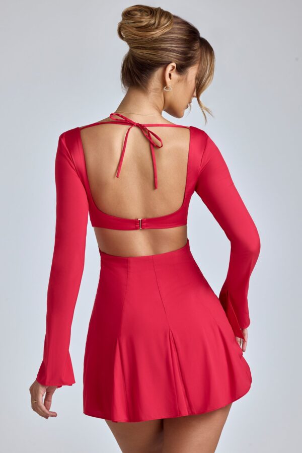Long Sleeve Godet Mini Dress in Cherry Red - Image 2