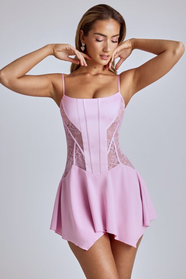 Lace Handkerchief Hem Mini Dress in Baby Pink - Image 10