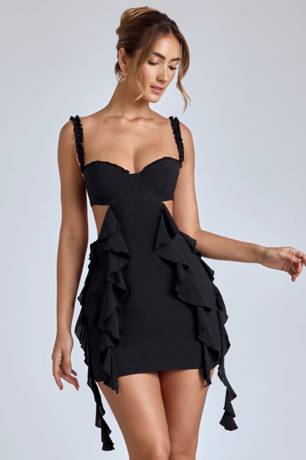 Panelled Ruffle Mini Dress in Black - Image 7