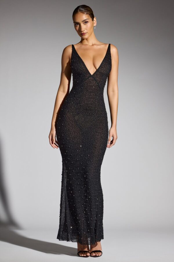 Embellished Plunge Neck Evening Gown in Black - Image 7
