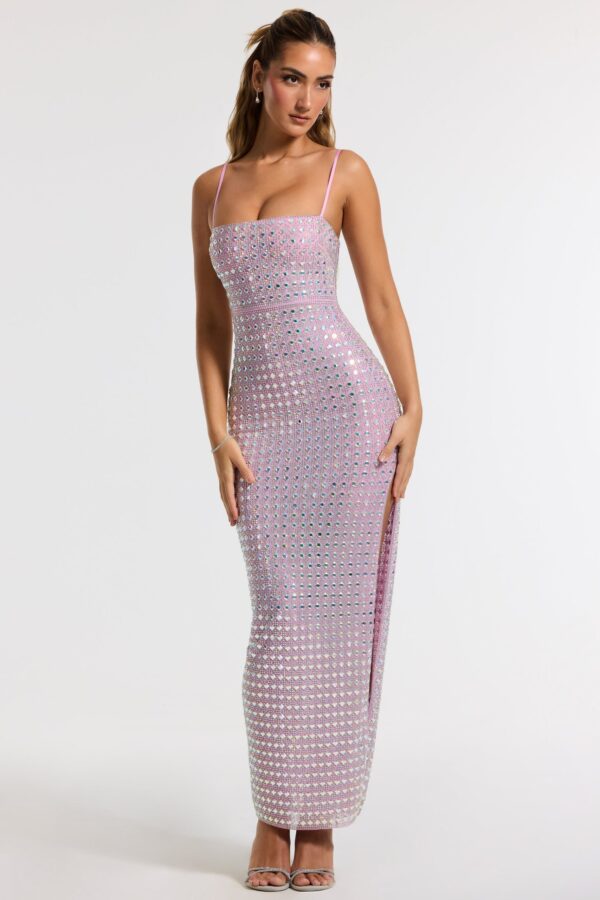 Embellished Square Neck Evening Gown in Lilac - Image 7