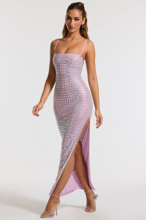 Embellished Square Neck Evening Gown in Lilac - Image 9
