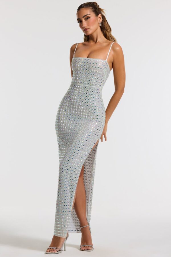 Embellished Square Neck Evening Gown in Silver - Image 6