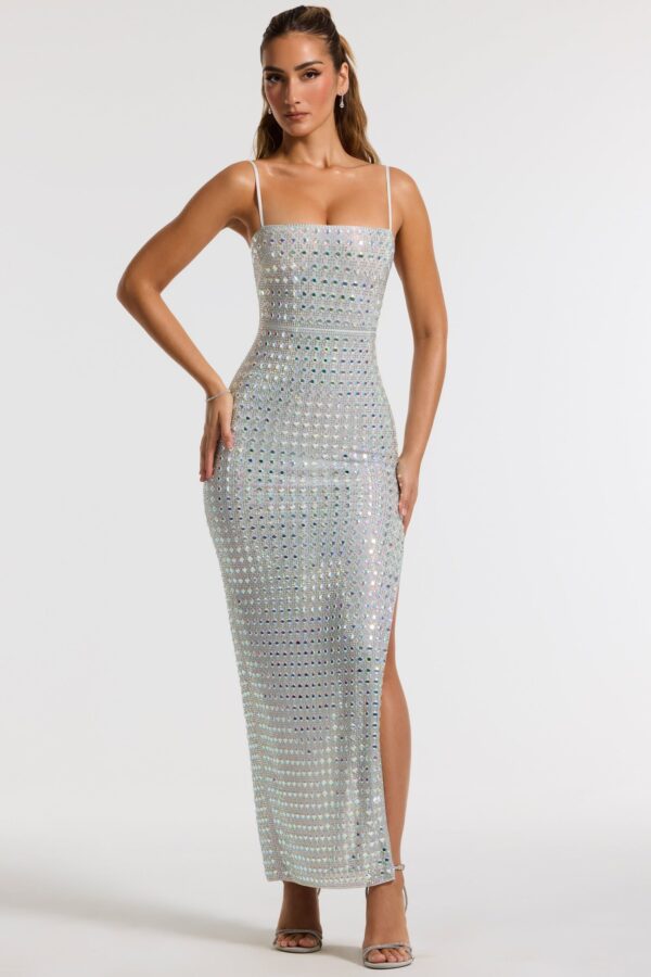 Embellished Square Neck Evening Gown in Silver - Image 9