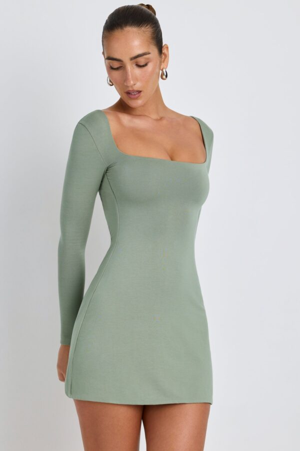 Modal Square Neck Long Sleeve Mini Dress in Sage Green - Image 4