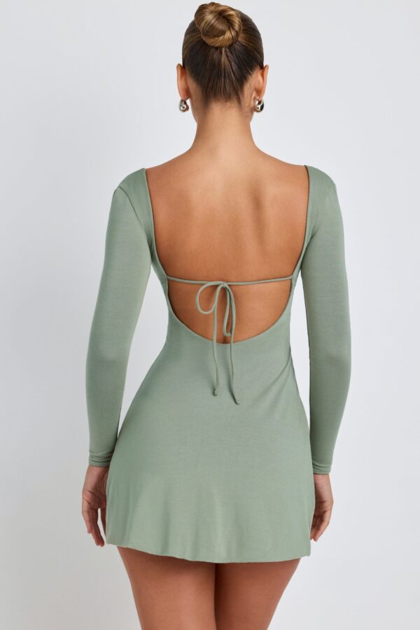 Modal Square Neck Long Sleeve Mini Dress in Sage Green - Image 2
