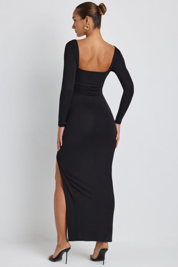 Modal Plunge Neck Long Sleeve Maxi Dress in Black - Image 2