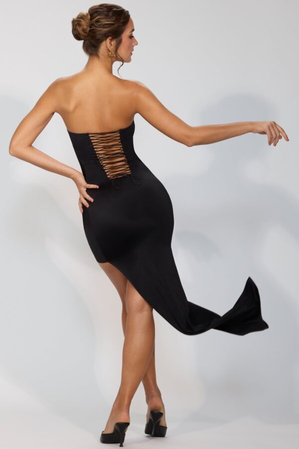 Premium Jersey Lace Up Back Mini Dress with Train in Black - Image 5