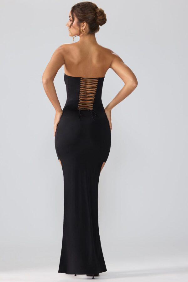 Premium Jersey Lace Up Back Mini Dress with Train in Black - Image 2
