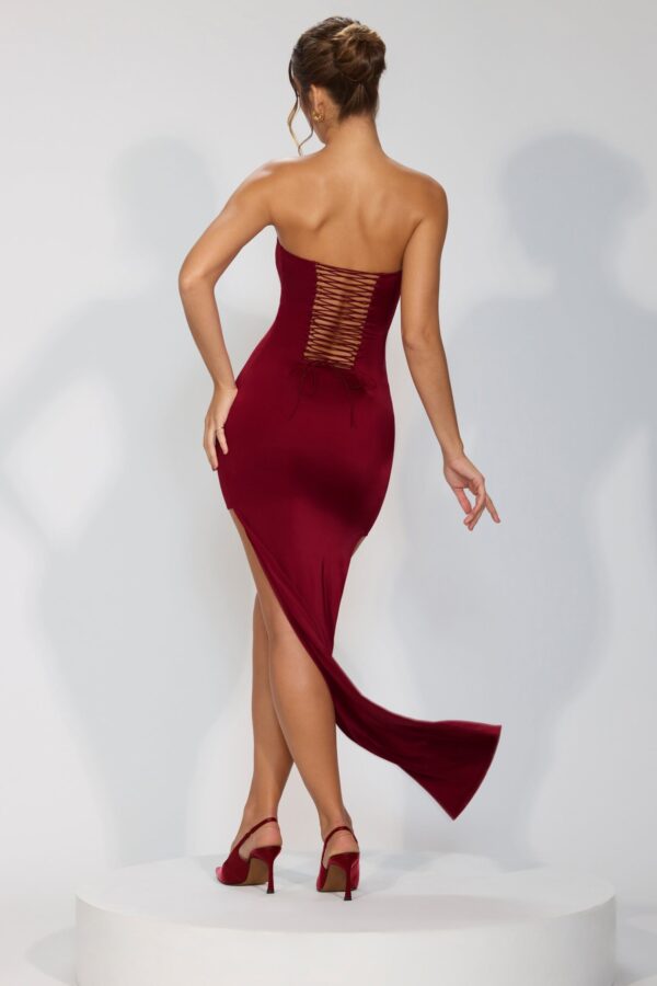 Premium Jersey Lace Up Back Mini Dress with Train in Ruby - Image 7