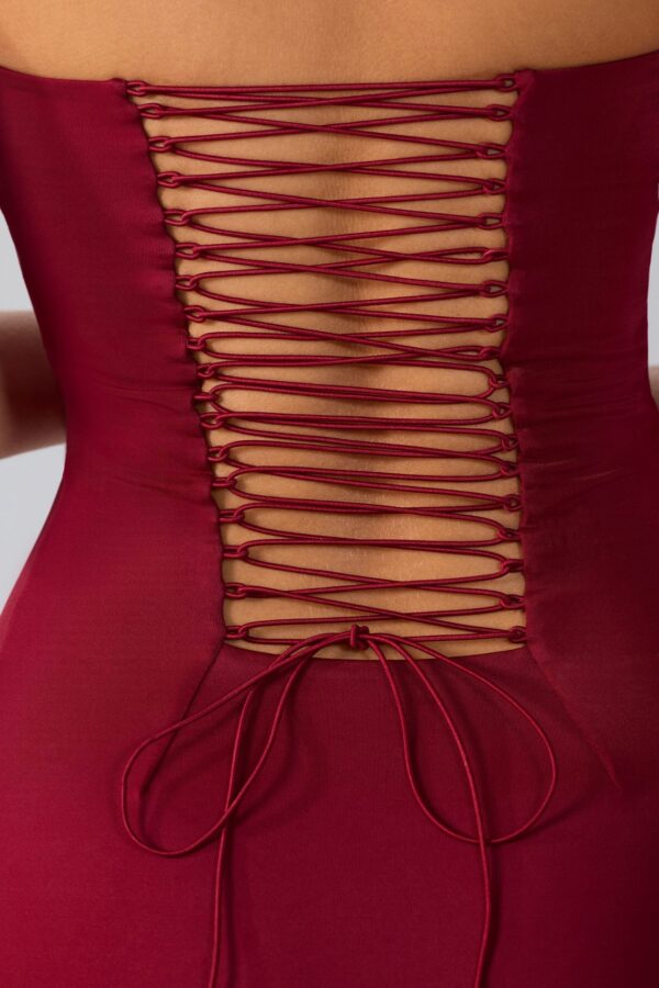 Premium Jersey Lace Up Back Mini Dress with Train in Ruby - Image 4