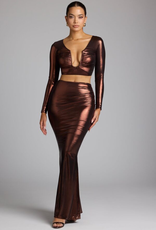 Plunge Neck Metallic Jersey Crop Top in Copper Bronze - Image 11