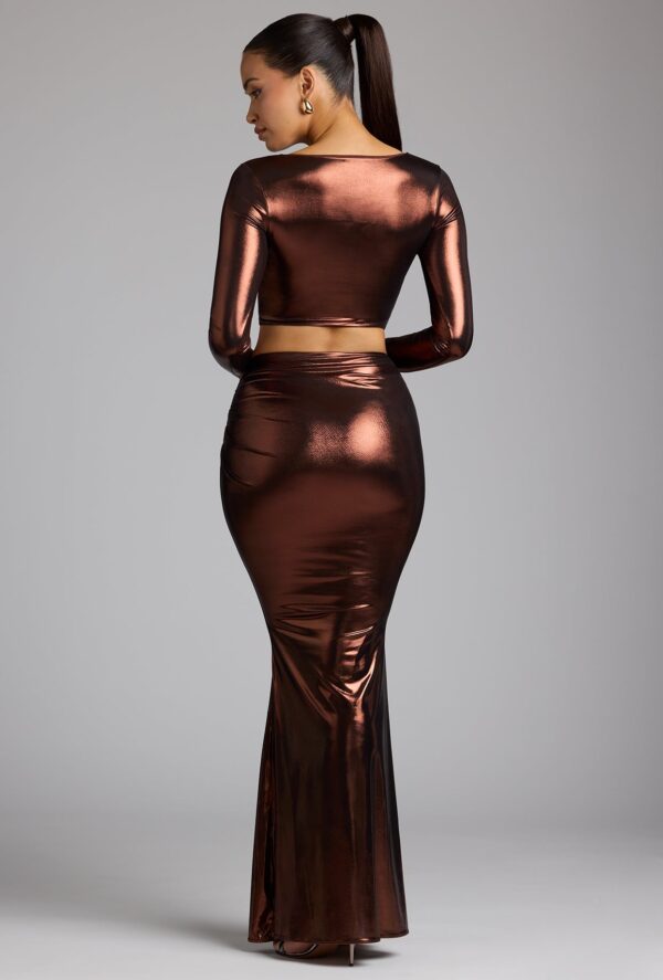 Plunge Neck Metallic Jersey Crop Top in Copper Bronze - Image 6