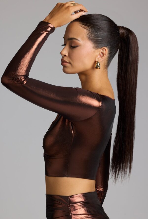 Plunge Neck Metallic Jersey Crop Top in Copper Bronze - Image 3
