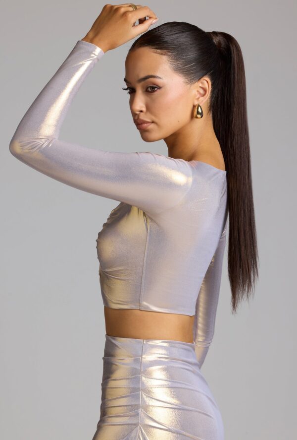 Plunge Neck Metallic Jersey Crop Top in Light Gold - Image 3