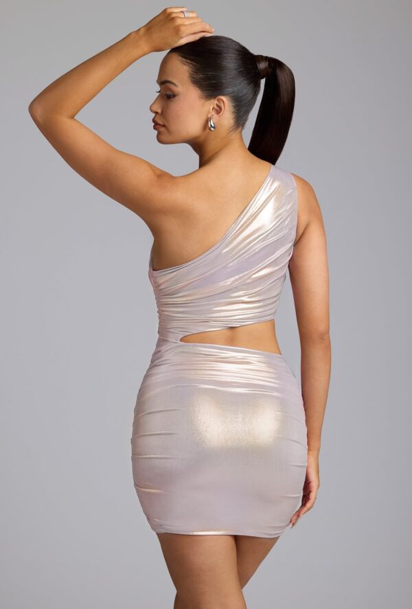 One Shoulder Metallic Jersey Mini Dress in Light Gold - Image 2