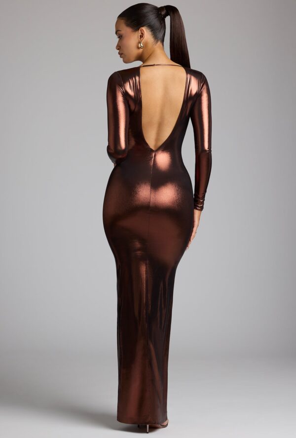Long Sleeve Metallic Jersey Evening Gown in Copper Bronze - Image 2