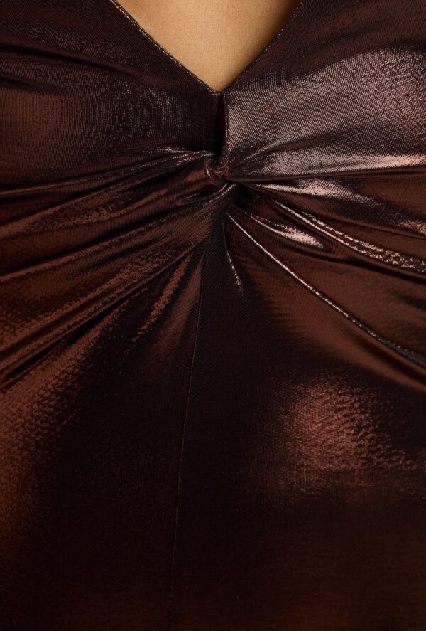 Long Sleeve Metallic Jersey Evening Gown in Copper Bronze - Image 6