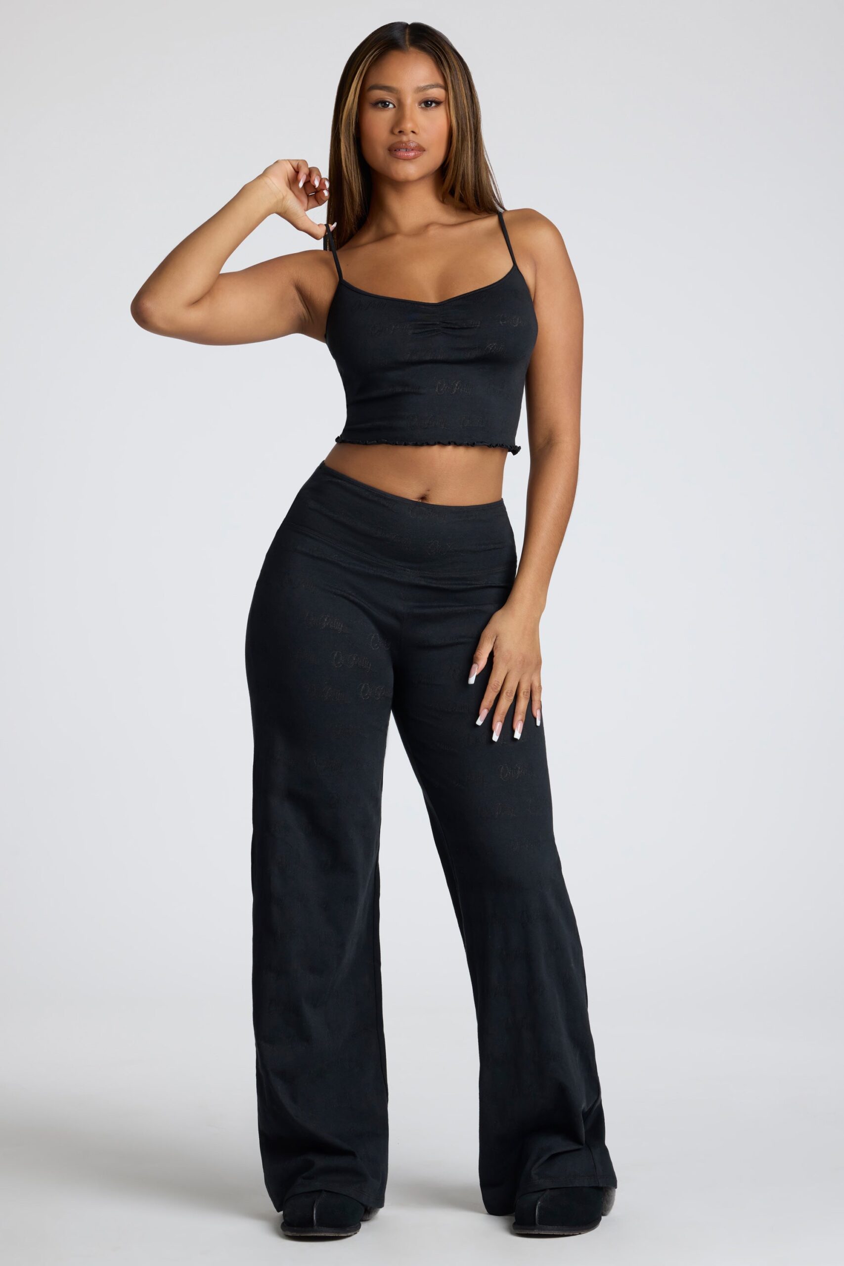 Mid Rise Straight Leg Pointelle Trousers in Black - Image 6