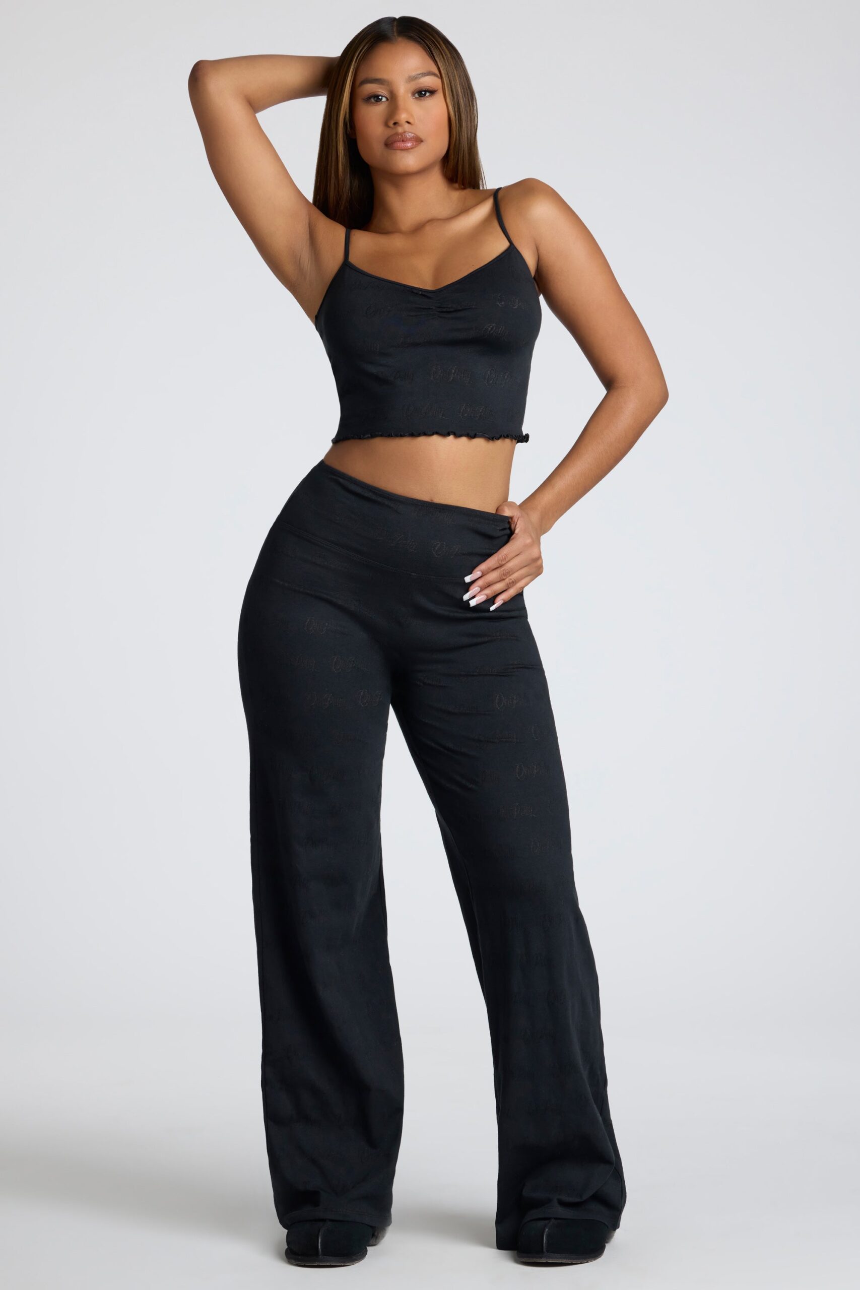 Mid Rise Straight Leg Pointelle Trousers in Black - Image 7