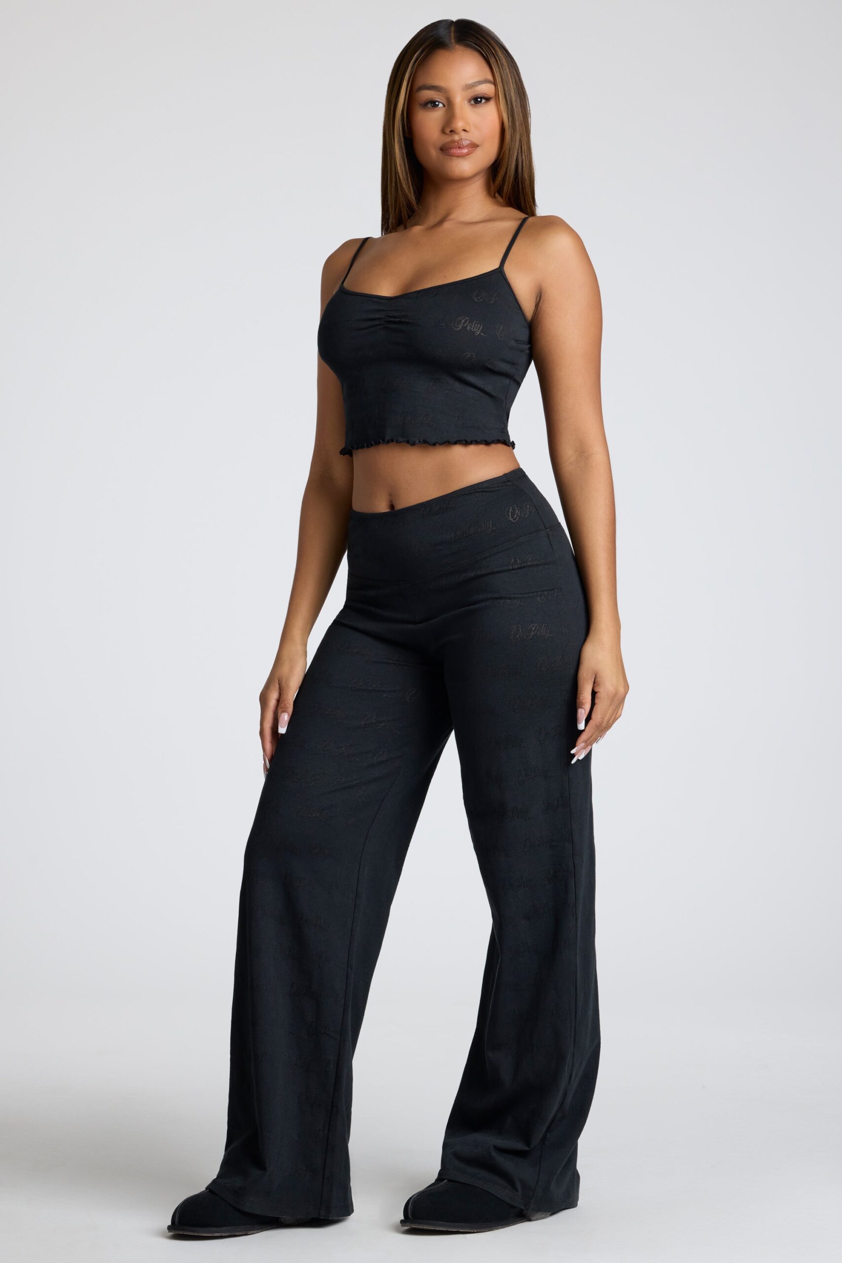 Mid Rise Straight Leg Pointelle Trousers in Black - Image 8