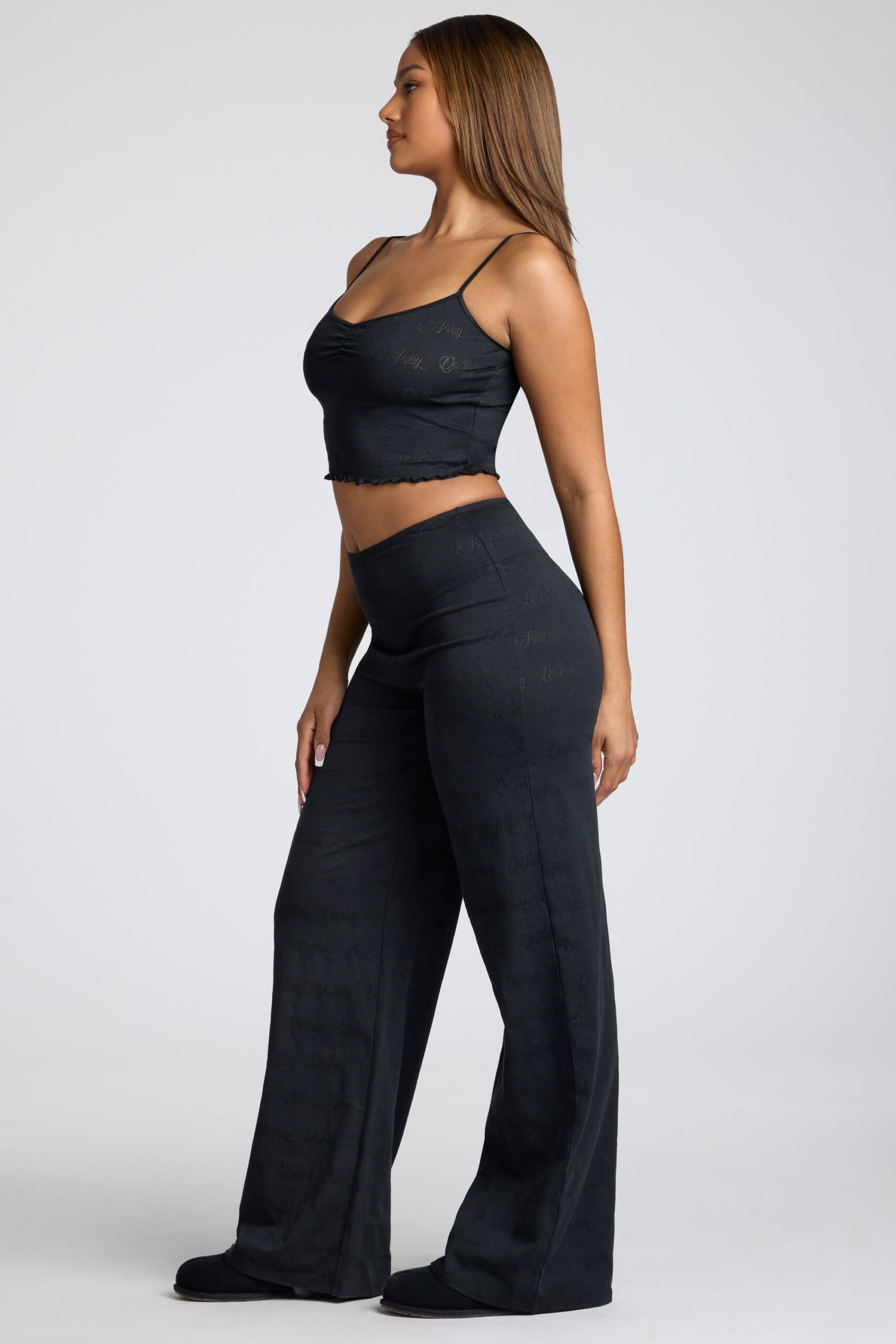 Mid Rise Straight Leg Pointelle Trousers in Black - Image 3