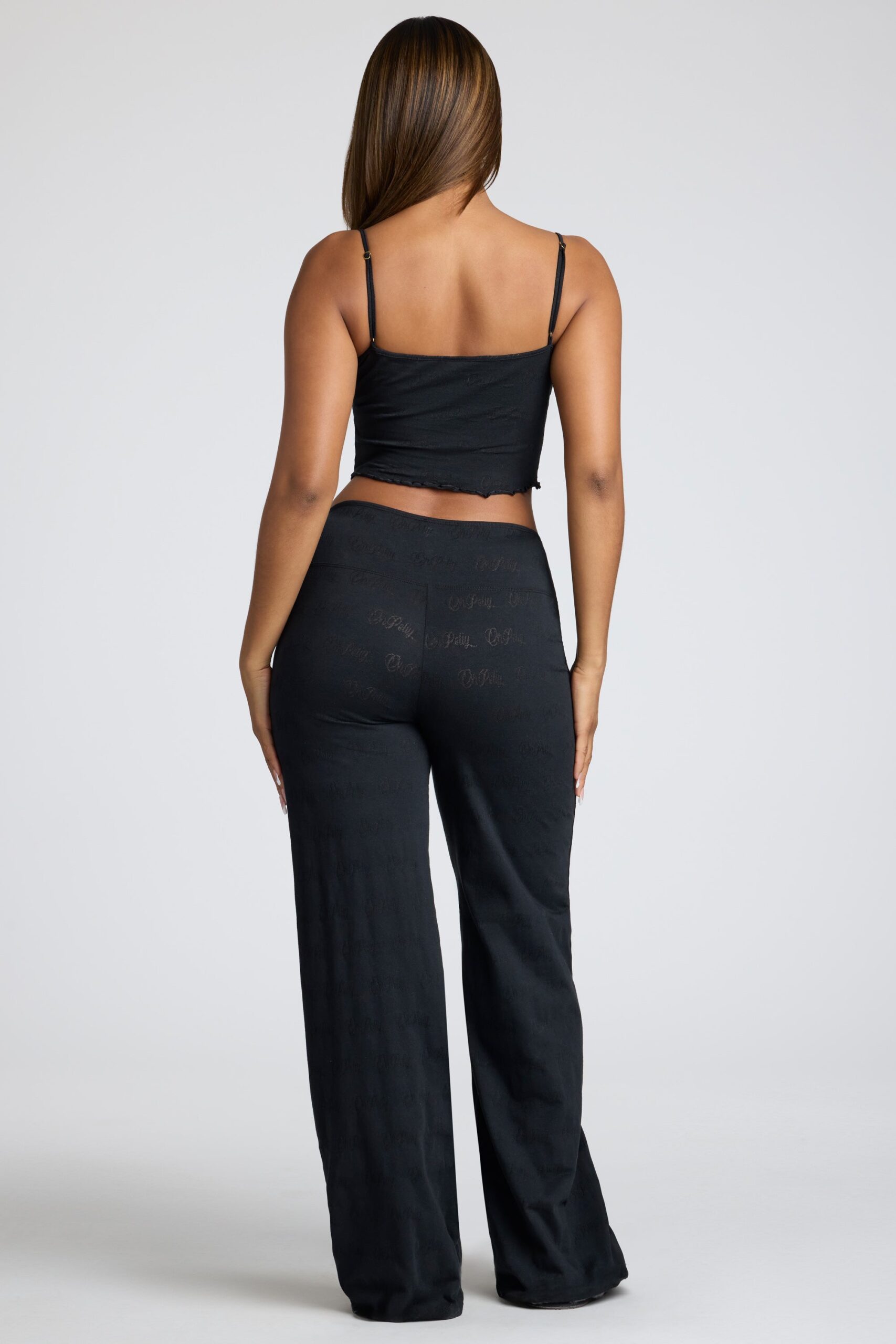 Mid Rise Straight Leg Pointelle Trousers in Black - Image 2