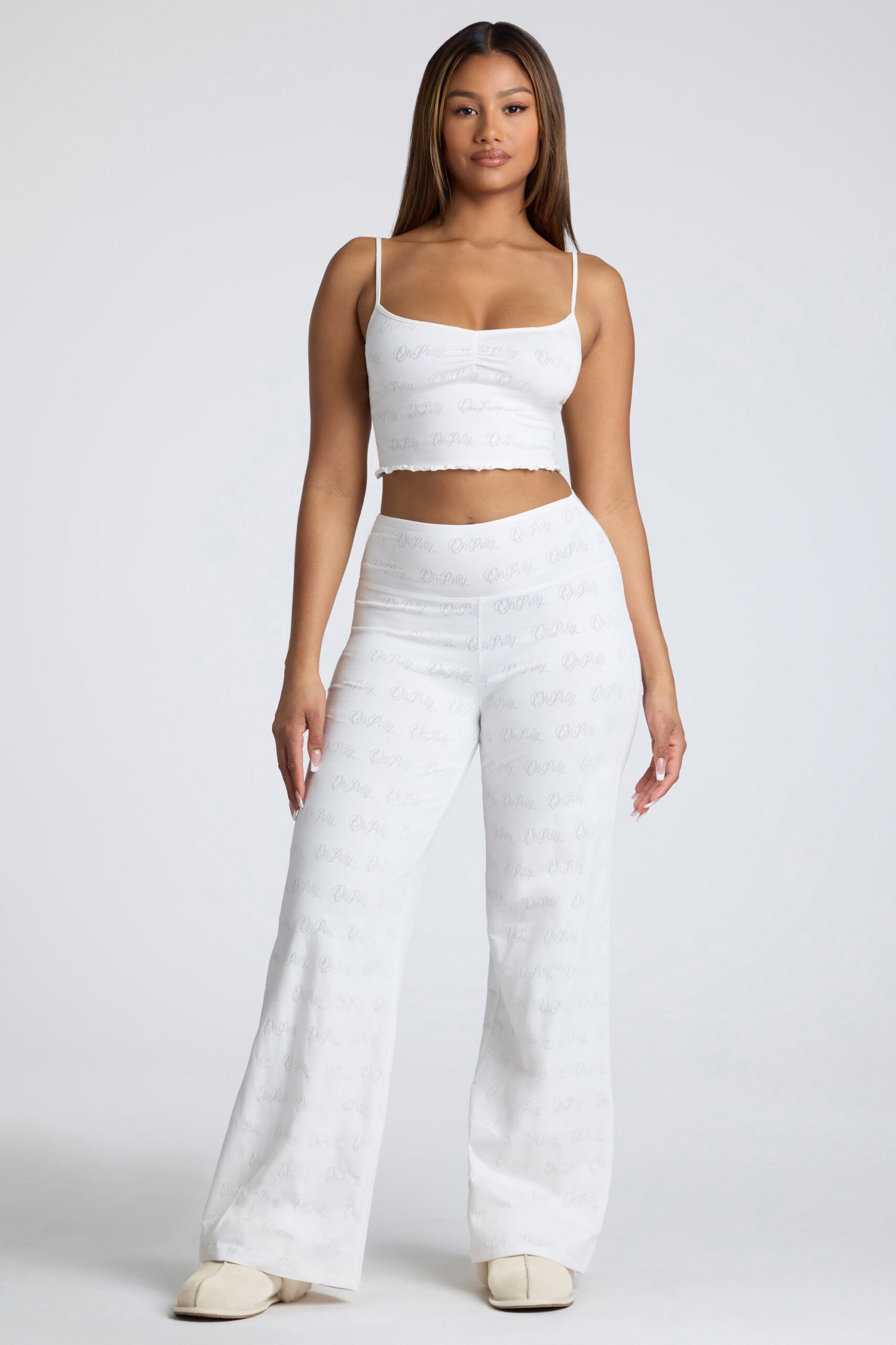 Petite Mid Rise Straight Leg Pointelle Trousers in White - Image 6