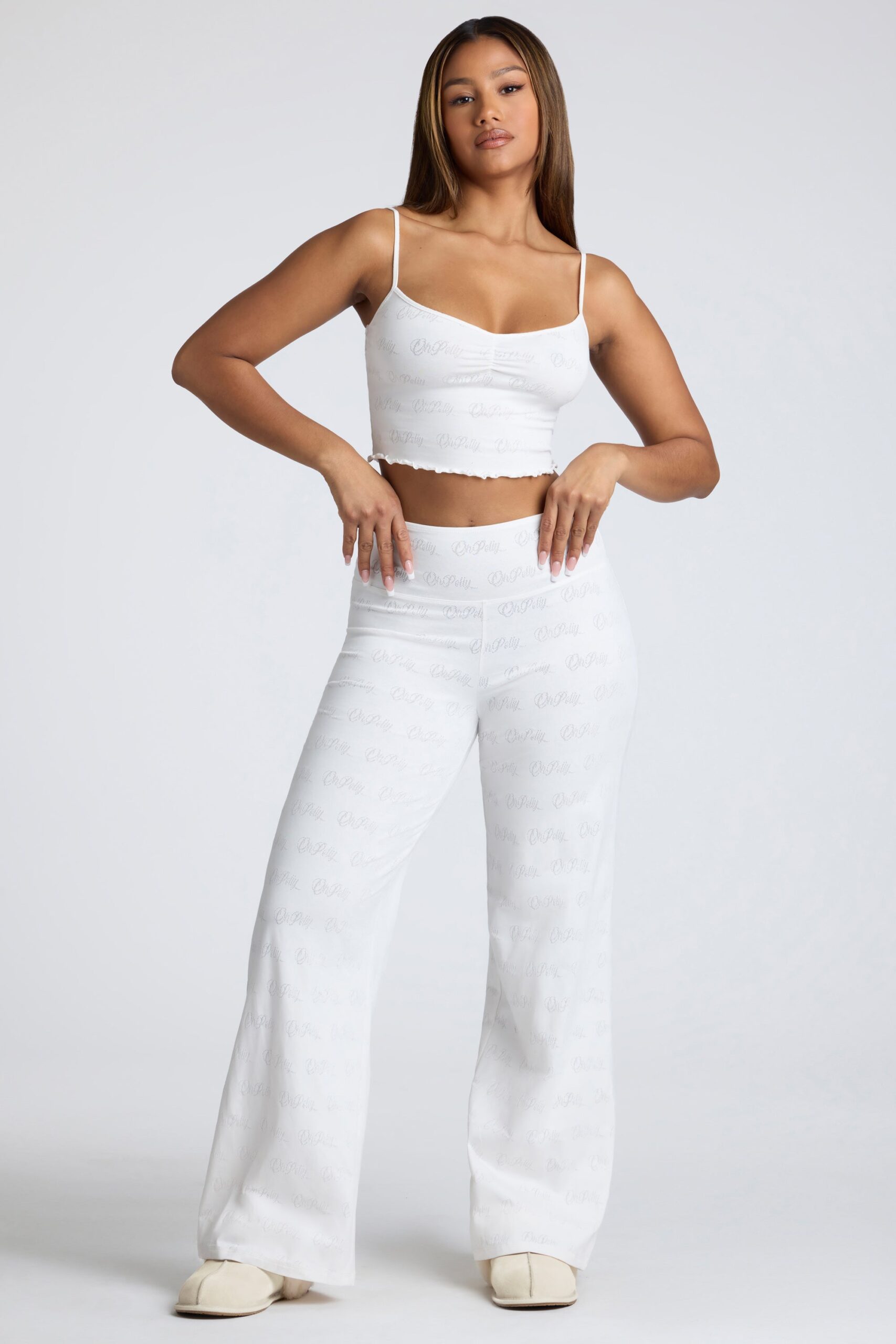 Petite Mid Rise Straight Leg Pointelle Trousers in White - Image 7