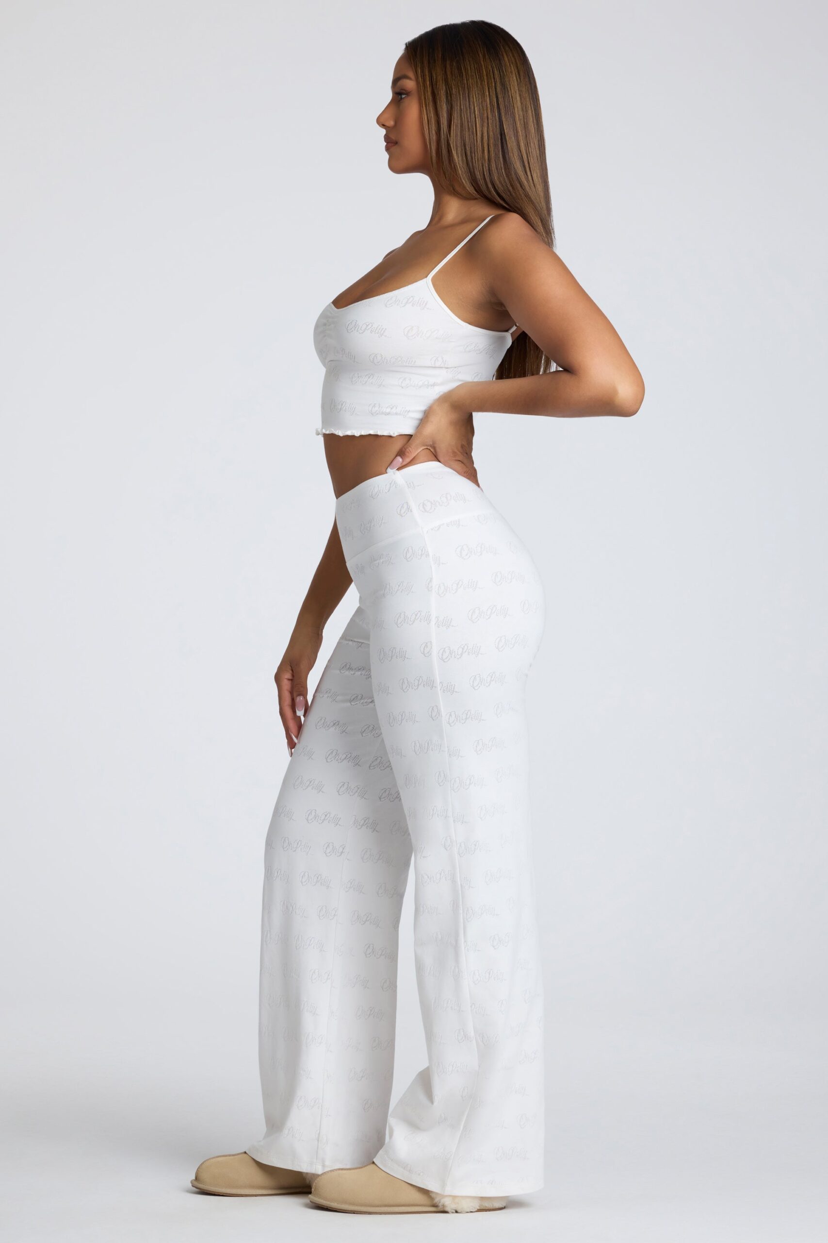 Petite Mid Rise Straight Leg Pointelle Trousers in White - Image 3