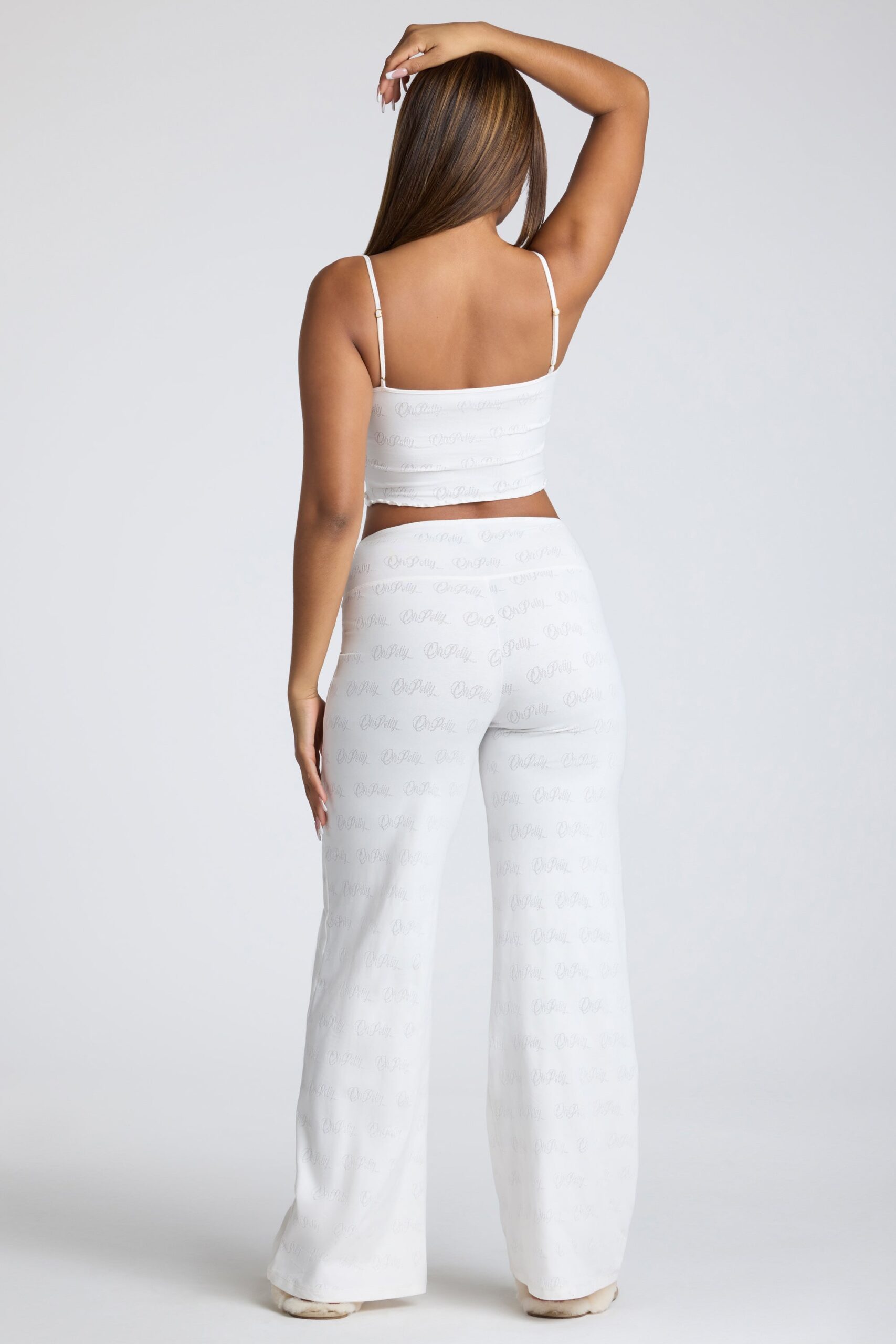 Petite Mid Rise Straight Leg Pointelle Trousers in White - Image 2