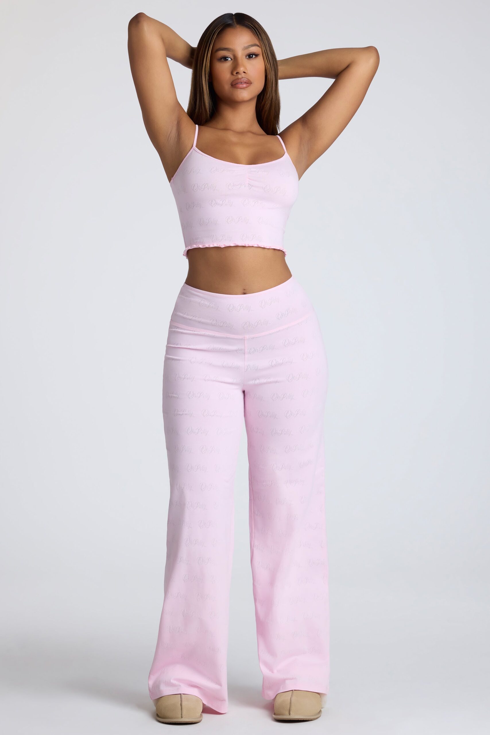 Petite Mid Rise Straight Leg Pointelle Trousers in Baby Pink - Image 6