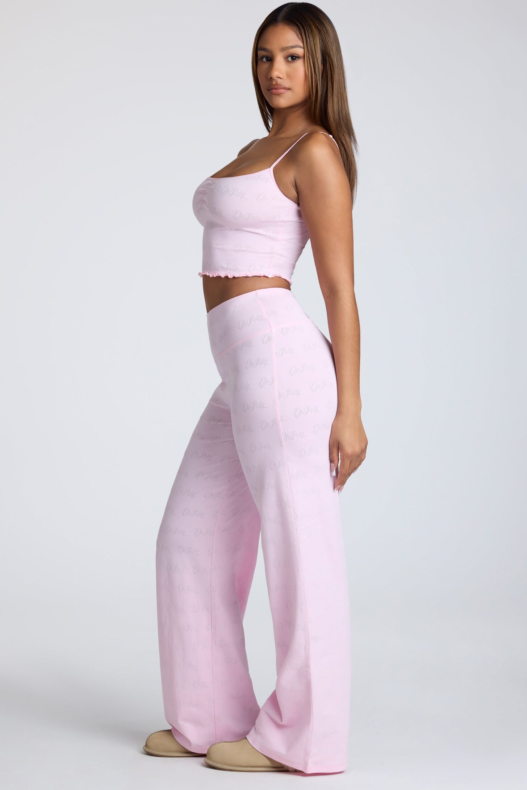 Petite Mid Rise Straight Leg Pointelle Trousers in Baby Pink - Image 3