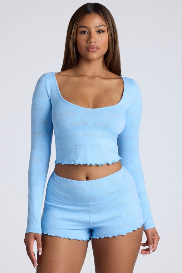 Long Sleeve Scoop Neck Pointelle Crop Top in Baby Blue - Image 6