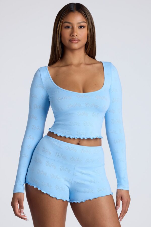 Long Sleeve Scoop Neck Pointelle Crop Top in Baby Blue - Image 7