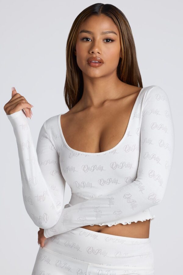 Long Sleeve Scoop Neck Pointelle Crop Top in White - Image 5