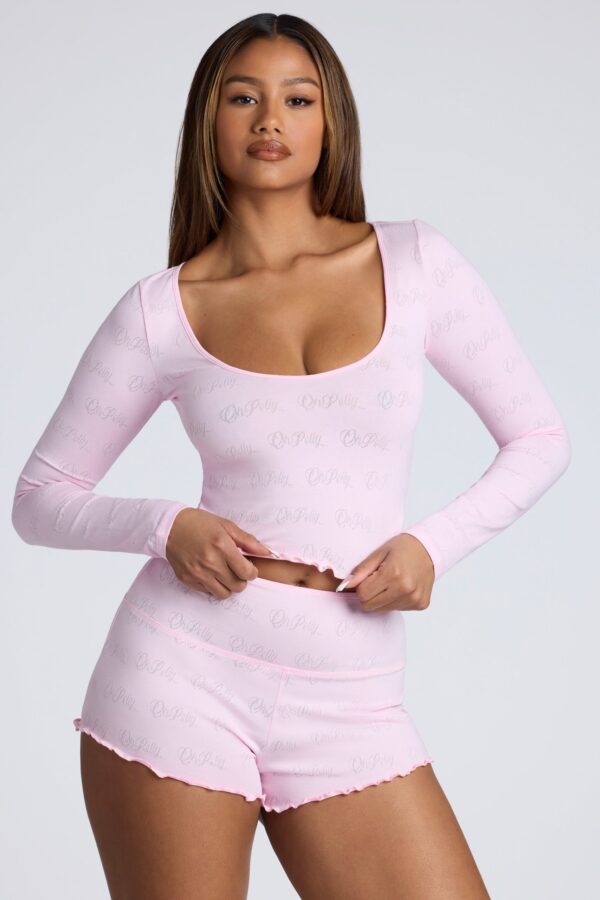 Long Sleeve Scoop Neck Pointelle Crop Top in Baby Pink - Image 6