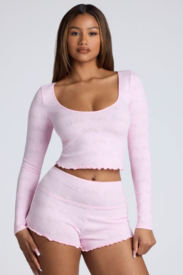 Long Sleeve Scoop Neck Pointelle Crop Top in Baby Pink - Image 7