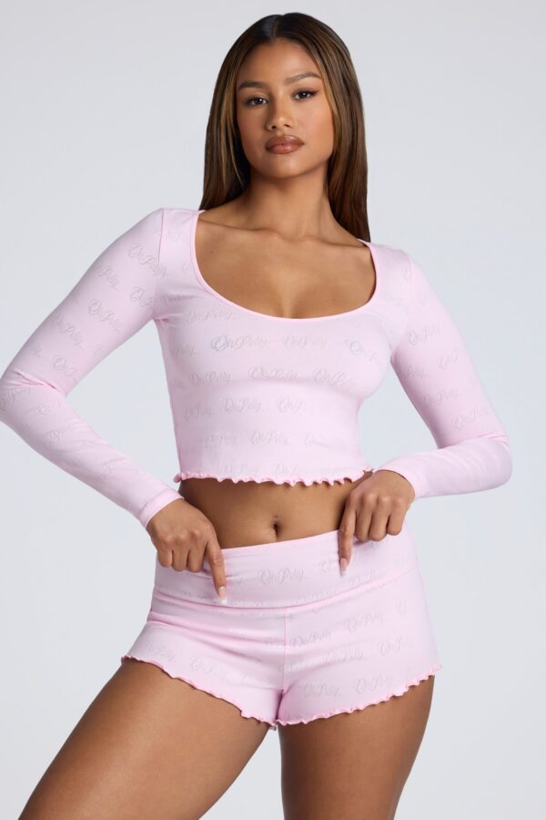 Long Sleeve Scoop Neck Pointelle Crop Top in Baby Pink - Image 8