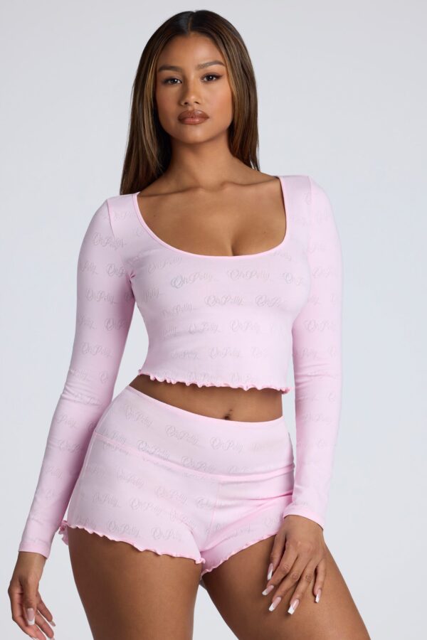 Long Sleeve Scoop Neck Pointelle Crop Top in Baby Pink - Image 9