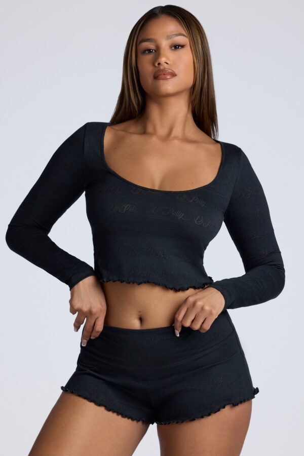 Long Sleeve Scoop Neck Pointelle Crop Top in Black - Image 6