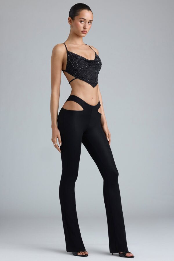 Petite Metallic Cut-Out Low-Rise Flared Trousers in Black - Image 6