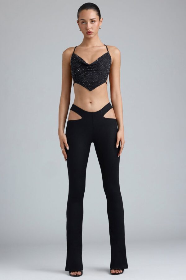 Petite Metallic Cut-Out Low-Rise Flared Trousers in Black - Image 5