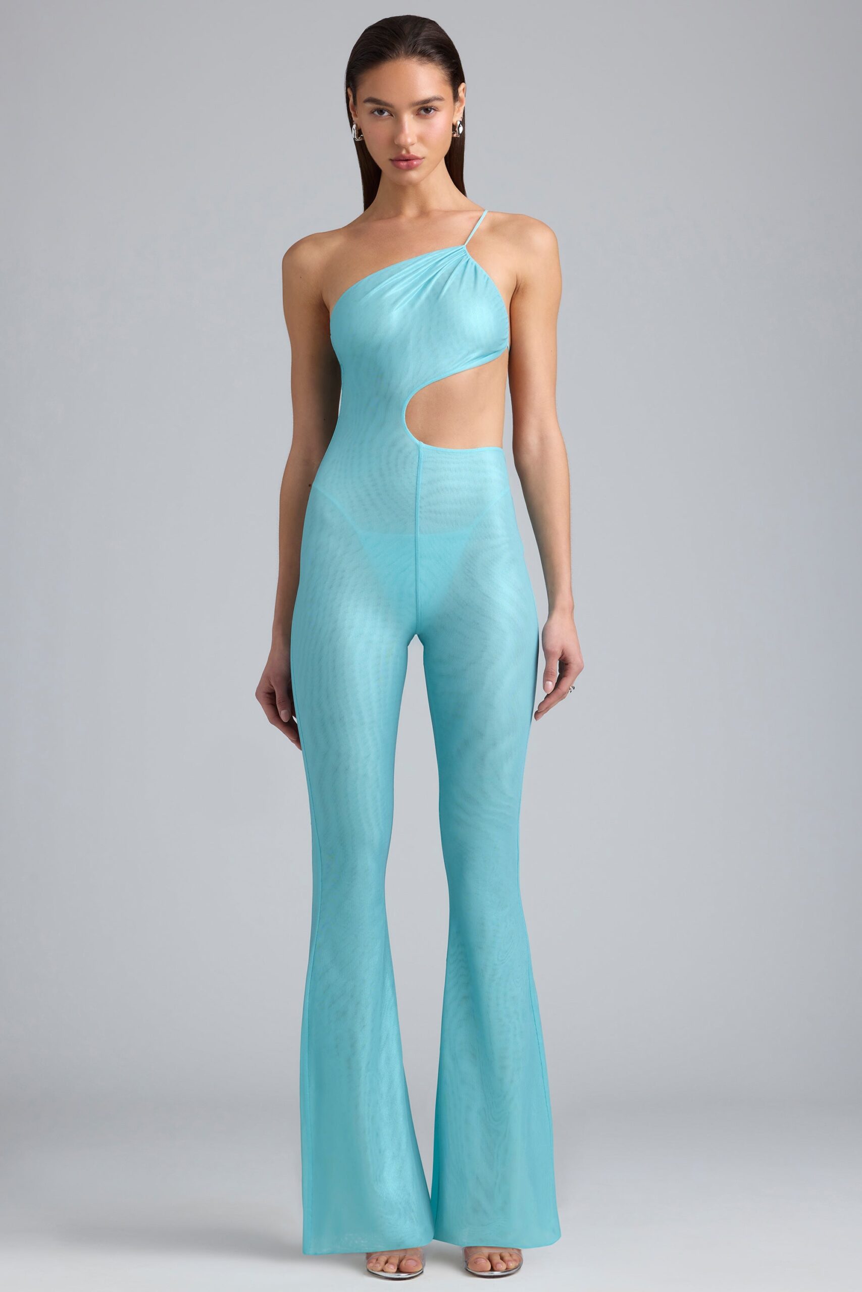 Metallic Ruched Cut-Out Flared Jumpsuit in Ice Blue - Image 6