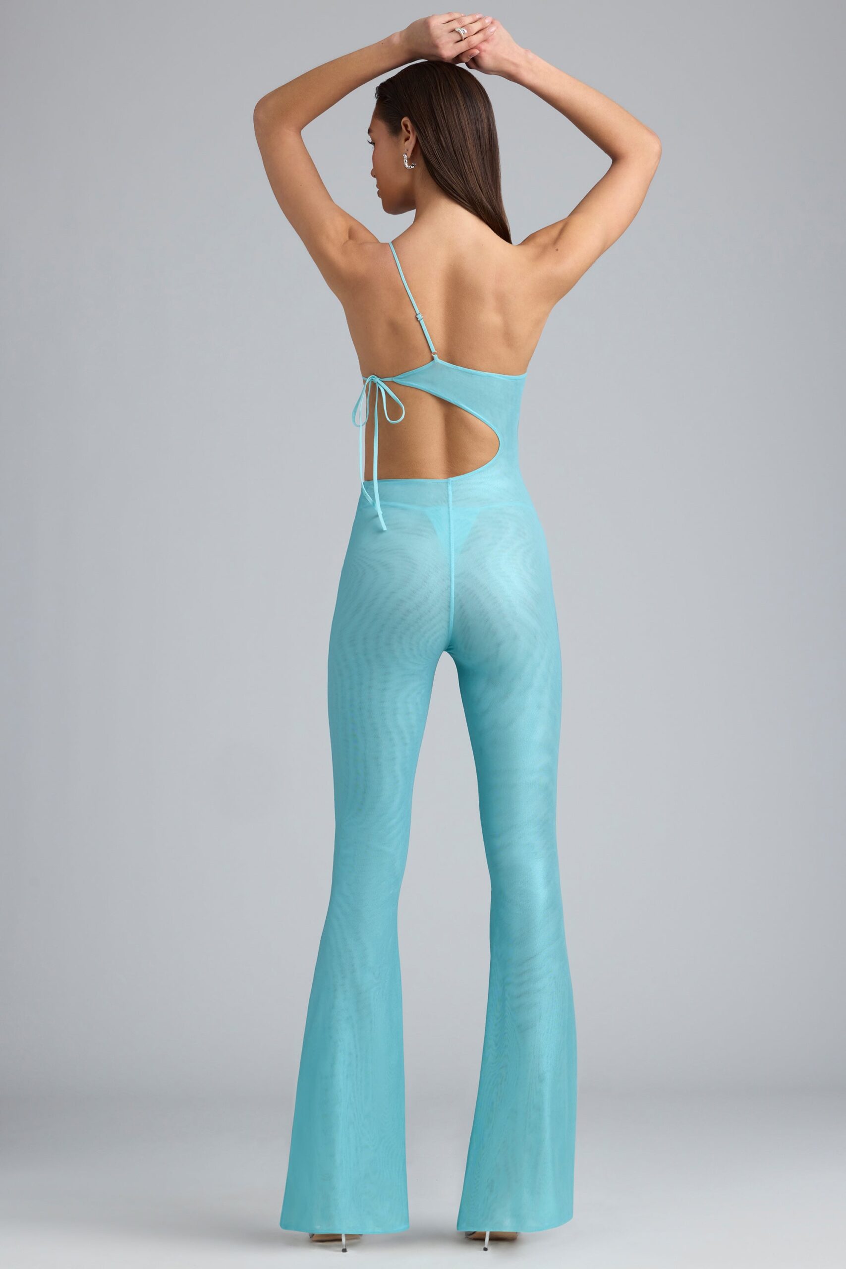 Metallic Ruched Cut-Out Flared Jumpsuit in Ice Blue - Image 2