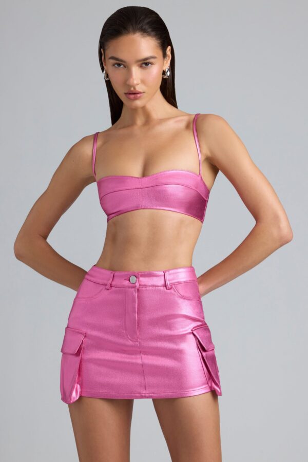 Metallic Denim Mid-Rise Cargo Mini Skirt in Deep Pink - Image 6
