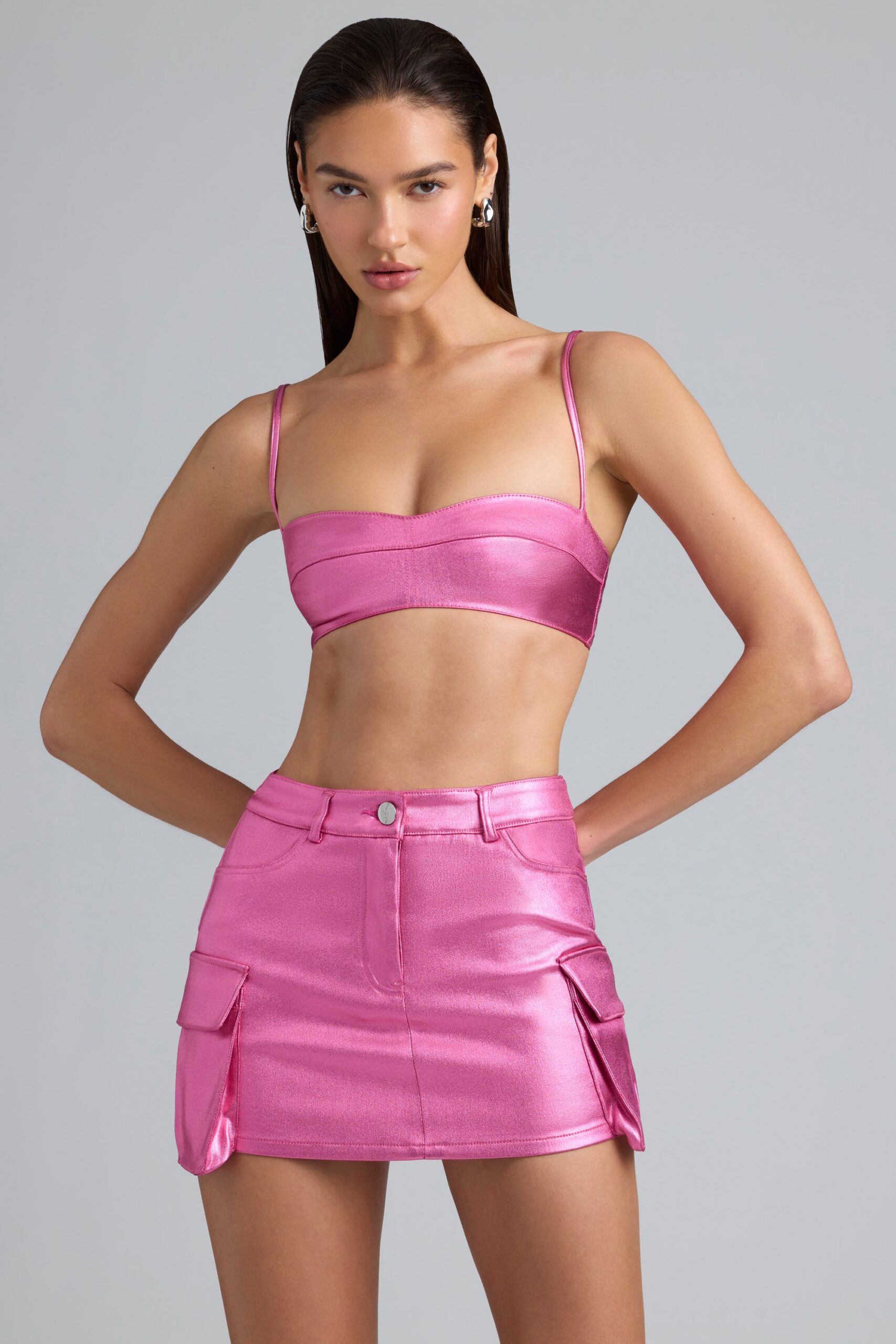 Metallic Denim Mid-Rise Cargo Mini Skirt in Deep Pink - Image 6